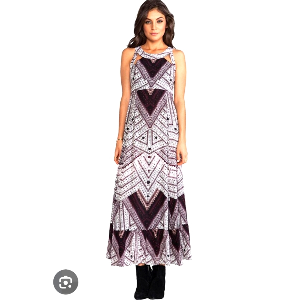 Free People Boho You Made My Day Printed Maxi Dress in Frost Combo Birgundy Sz 2